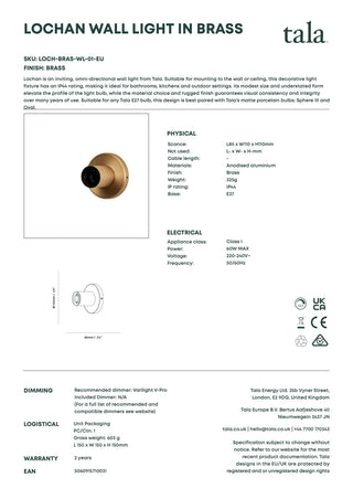 Lochan Wall Light in Brass By Tala