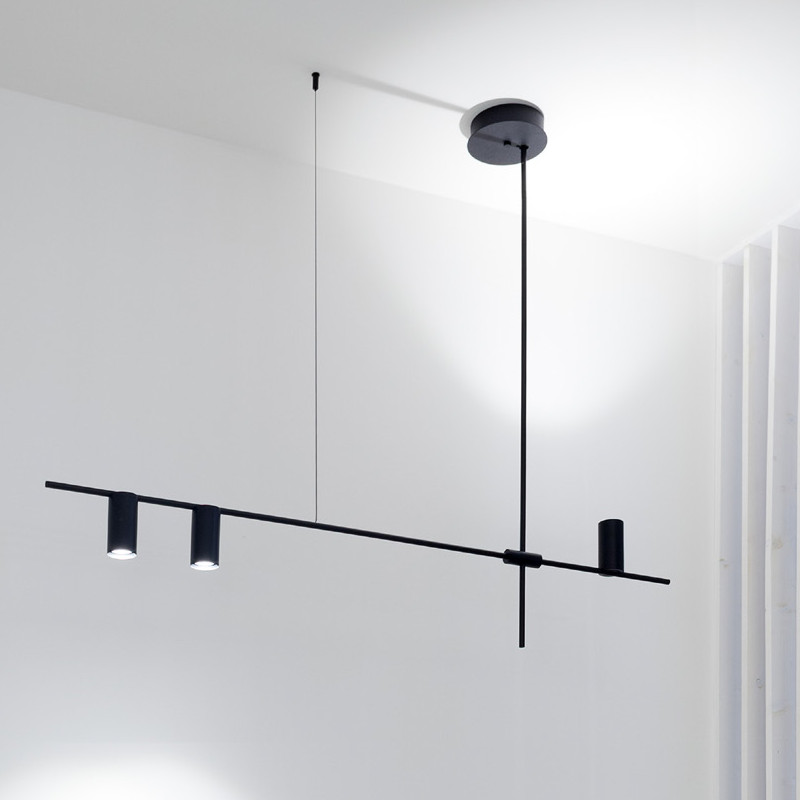 pendant lamp composed of two metal rods with two direct downlights and one direct uplight